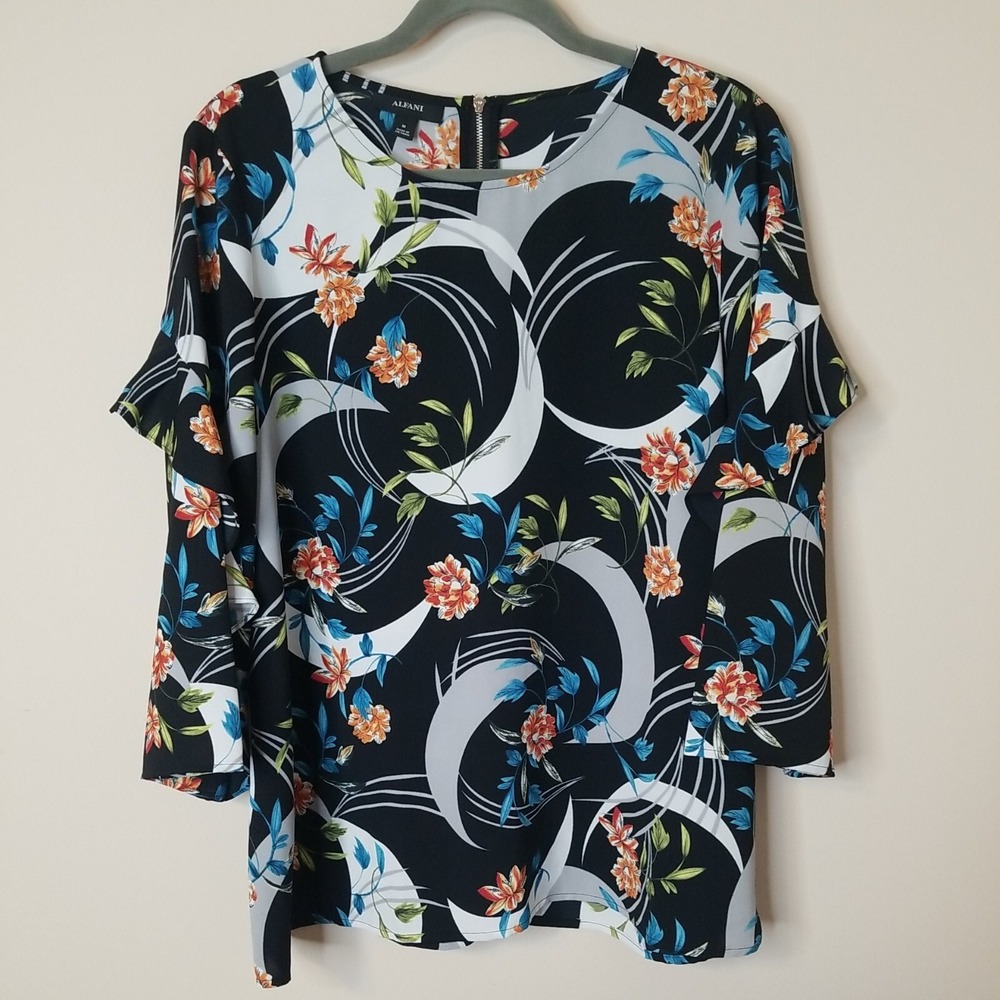 Alfani Blouse  M Black Floral Boho Artsy Celestial Ruffle Flutter Dark Femme
